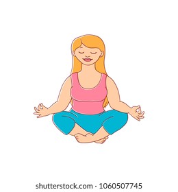 plump obese girl meditate in lotus posture in sport clothing. Sketch style cute female character. Vector adult blonde overweight woman having fun, isolated illustration