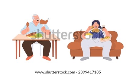 Plump overweight people characters suffering from eating disorders, gluttony and food addiction