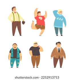 Plump and Plus Size Man Wearing Different Clothes with Curvy Body Vector Set