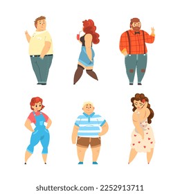 Plump and Plus Size Man and Woman Wearing Different Clothes with Curvy Body Vector Set