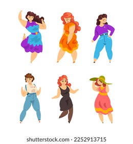 Plump and Plus Size Woman in Fashionable Clothes with Curvy Body Vector Set