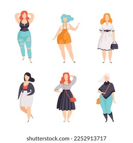Plump and Plus Size Woman in Fashionable Clothes with Curvy Body Vector Set