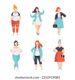 Plump and Plus Size Woman in Fashionable Clothes with Curvy Body Vector Set