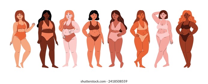 Plump plus size women. Cartoon chubby female characters different skin tones body shapes, body positive feminism concept. Vector isolated set