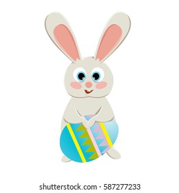 The plump rabbit with big eyes and long ears to paws holding colorful Easter egg. Easter Holiday. Illustration for children's books. Vector illustration, isolated on a white background. 