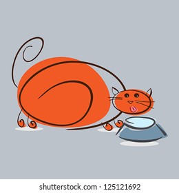 Plump red cat drinking milk. Vector eps10 illustration. Raster file included in portfolio