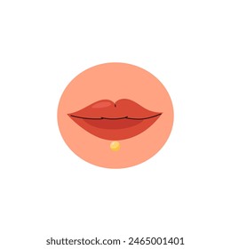 Plump red lips with piercing, golden round earring under the lips. Lips piercing stylish accessory, face jewelry. Vector flat illustration of mouth isolated in round frame on white