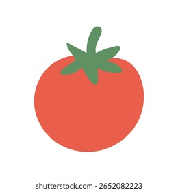 Tomate rojo regordete con tapa frondosa, ideal para blogs de recetas, temáticas de productos de verano, gráficos de cocina o infografías de ingredientes frescos.