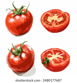 Un tomate rojo regordete, entero y en rodajas, que muestra su color vibrante y su textura jugosa.