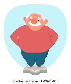 Plump Senior Caucasian Man Standing On Floor Scale. Vector Illustration. Healthy Diet Concept