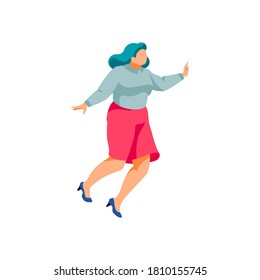 Plump teenage girl happily jumping. Positive excited female person celebrating victory, rejoicing freedom. Happiness, rejoice and fun concept cartoon vector illustration isolated on white background