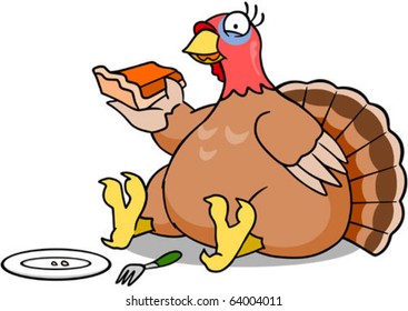 A plump turkey eating a slice of pumpkin pie.