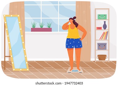 Plump unhappy woman stands on scales opposite mirror in living room at home and take care of health
