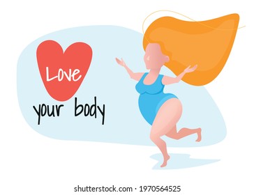 A plump woman in a blue swimsuit enjoys life, the inscription on my heart I love myself! Love your body the concept of self-acceptance.