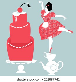 Plump woman decorating cake. Vector illustration