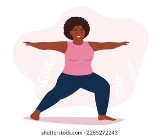 Plump woman doing yoga, meditating. Fat active exercise
 for balance, weight loss. Vector flat graphics.