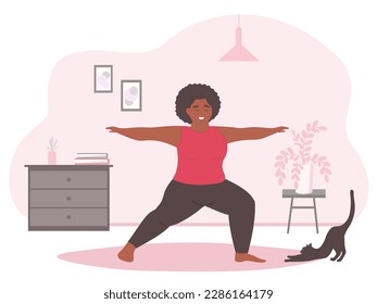  Plump woman doing yoga, meditating in a room at home. Fat active exercise for balance, weight loss. Vector flat graphics.