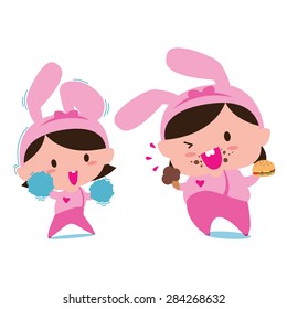 Plump woman eating vector illustration, Fat girl, Fat and slim girl, weight loss concept,  Fast food on her hands