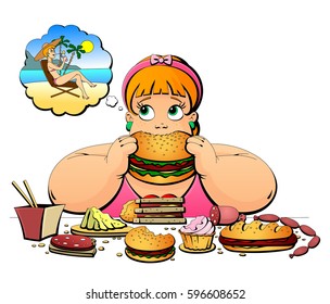 A plump woman eats, and dreams of losing weight.