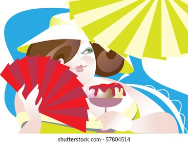 A plump woman in a hat eating ice cream under the  umbrella in the beach