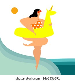 A Plump Woman With An Inner Tube On The Beach Having Rest. Bright Flat Style Picture For Blogs, And Social Media, Greeting Cards, Invitation, Posters, Prints. Advertising Of Travelling, Trips 