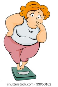 Plump Woman on Weighing Scale - Vector