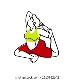 A plump woman performs a yoga pose with incredible flexibility.