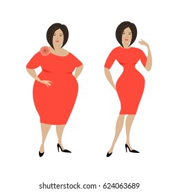 Plump woman in a red dress isolated on a white background and the same woman after losing weight. Vector illustration.