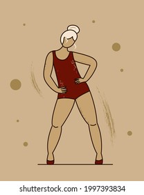 A plump woman in a red swimsuit stands in a pose, hands on her hips. Retro style	