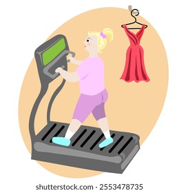 A plump woman is running on a treadmill and a small red dress is hanging in the background