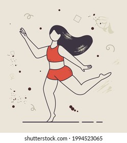 A plump woman runs barefoot in shorts and a top, her hair flying.