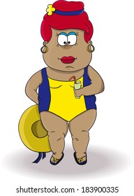 Plump woman in swimwear and beach shoes with glass and hat. Cartoon character overweight woman for book, story, design, decoration, child