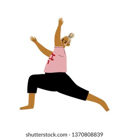 Plump Woman in Warrior I Pose, Curvy Girl Practicing Yoga, Healthy Lifestyle Vector Illustration