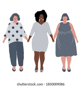 Plump women are holding hands. Plus size girls of different races. Body positive concept. Love your body vector illustration.