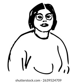 Plump young woman with short dark hair wearing glasses. Female portrait. Hand drawn linear doodle rough sketch. Black and white silhouette.