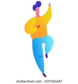 Plumpy man with hairstyle and vivid clothes dancing. Plus size man. Stylish overweight guy. Love yourself concept. Fat male dancer isolated on white background. 