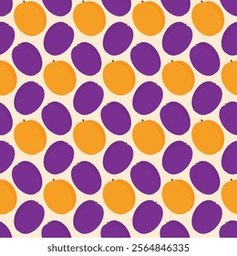 Plums and apricots colorful Seamless pattern in trendy summer hues. Seasonal fruits background idea