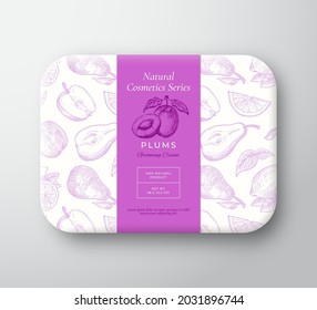 Plums Bath Cosmetics Package Box. Abstract Vector Wrapped Paper Container with Label Cover. Packaging Design. Modern Typography and Hand Drawn Fruits Background Pattern Layout. Isolated.