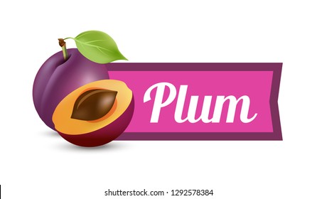 Plums with caption isolated on white background. Sticker for Juice, banner of product ads. Vector illustration of Tasty and beautiful organic food.