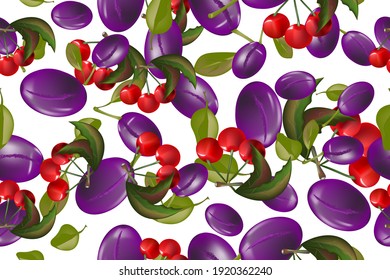 plums and cherries.seamless pattern.a bright purple and red mixture of fruit colors with green leaves .print.vector illustration.