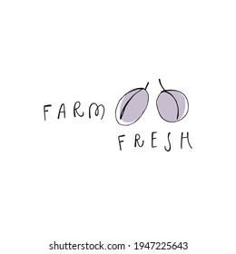 Plums drawn with ink pen. Handwritten phrase Farm fresh. Vector illustration