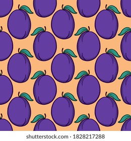 Plums pattern, seamless pattern on orange background.