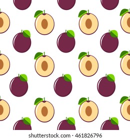 Plums seamless pattern. Colorful whole and part of fruits on the white background