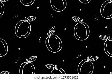 Plums seamless pattern. Isolated on Black background
