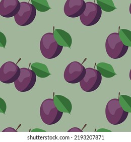 Patrón sin fisuras de las ciruelas. Las ciruelas y hojas vacías se repiten sobre el fondo verde. Diseño de fruta fresca. Ilustración vectorial.
