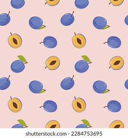 Plums seamless pattern. Vector hand drawing plums on a pink background.