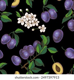 Plums seamless pattern vector illustration