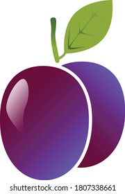 Icono vectorial de las ciruelas aislado en un fondo blanco. Dos frutas violetas en una hoja verde.