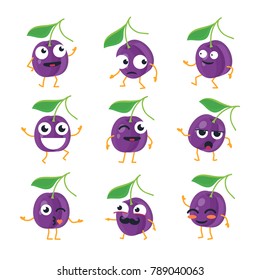Plums - vector isolated cartoon emoticons. Funny emoji set with a nice character. A collection of an angry, surprised, happy, confused, kissing, crazy, laughing, sad, tired fruit on white background