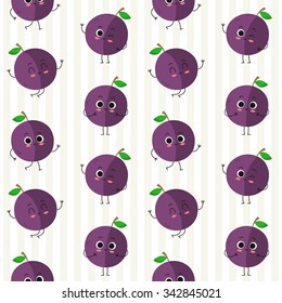 Plums, vector seamless pattern with cute fruit characters on stripy background